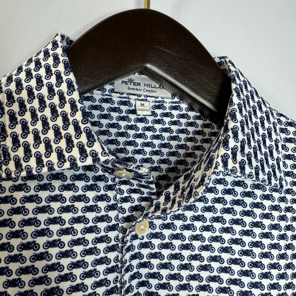 Peter Millar Polo Shirt Blue Motorcycle Print Summer Comfort Golf Performance M - Picture 6 of 10